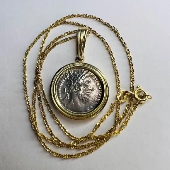 14k Gold Ancient Coin Necklace 18" Silver Roman Emperor Commodus 177-192 AD 5.7g - Picture 16 of 16